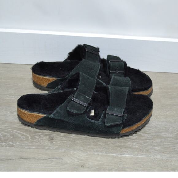 Birkenstock Arizona Woman's Black Suede Shearling LIned Sandals Size 39 US 8-8.5 - Picture 1 of 8